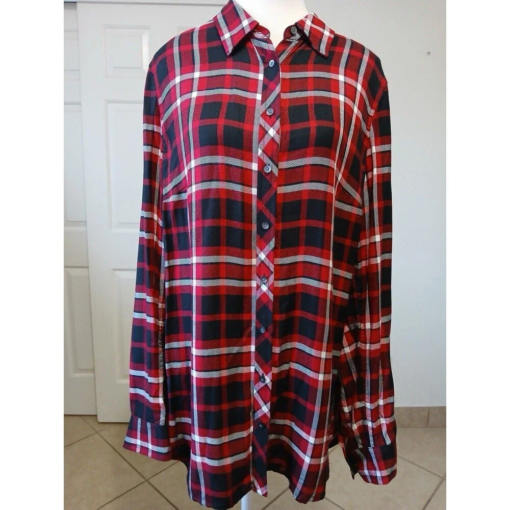 Talbots Women's L Red Plaid Polka Dot Long Roll Tab Sleeve Button Down Shirt Top